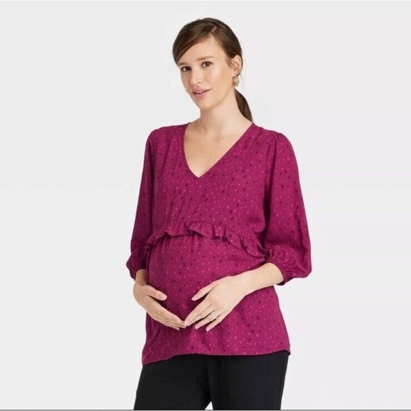 Ingrid & Isabel Maternity‎ 3/4 Sleeve Ruffle Waist Woven Top Size XS - Picture 1 of 16